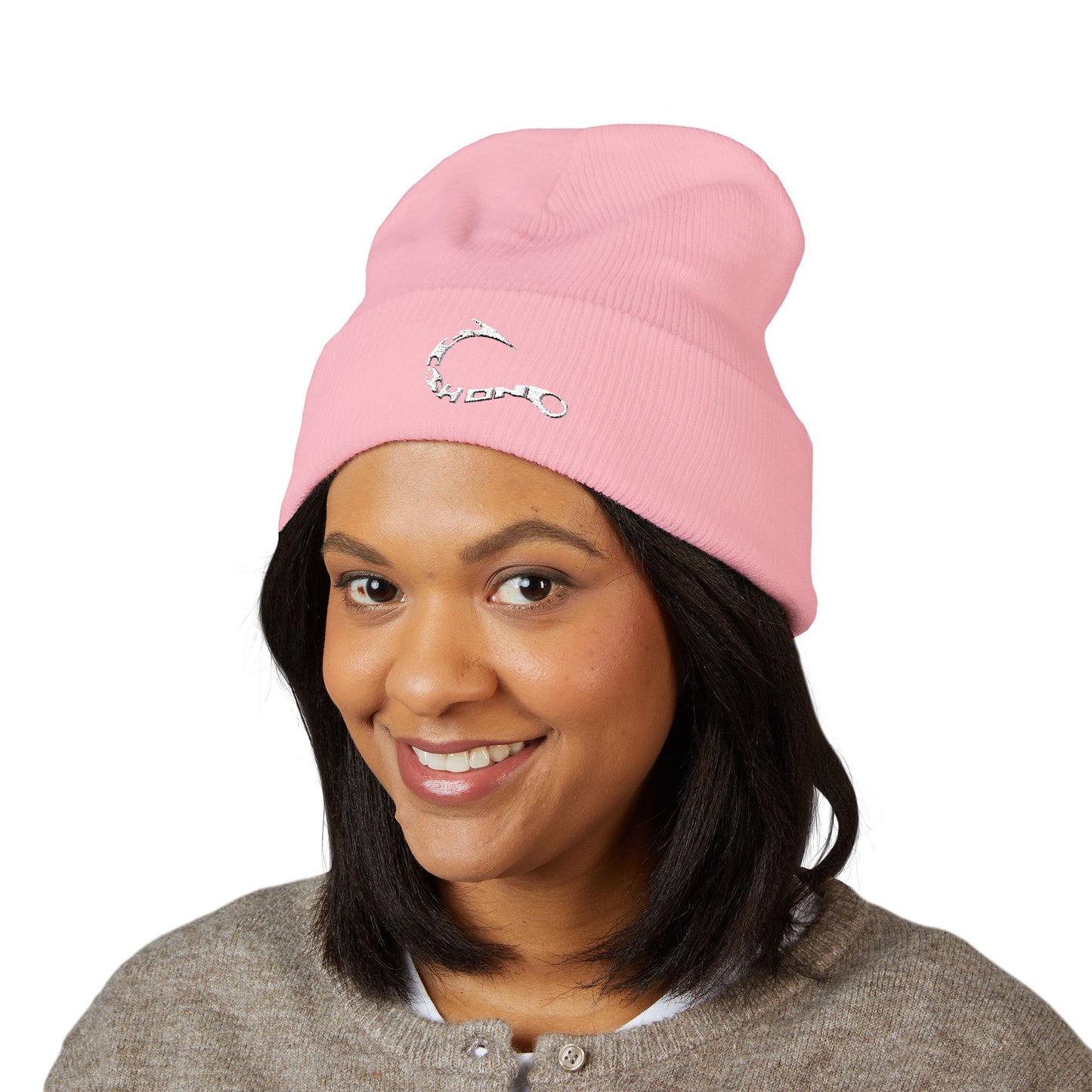 Embroidered Fishing Hook Beanie — Classic Cuffed Knit Hat