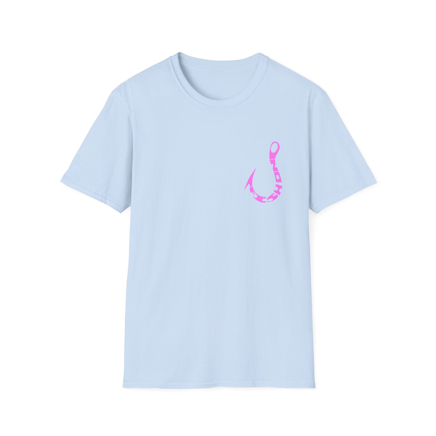 Fishing Hook T‑Shirt — Pink Stylized Hook Graphic Tee