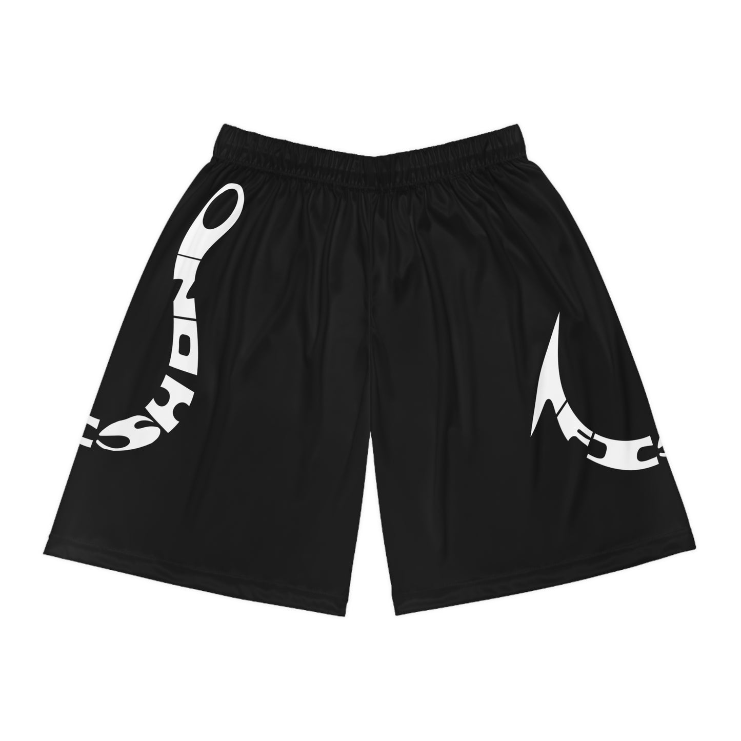 Fishing Hook fish on, Black AOP Basketball Shorts with Bold White Logo — Athletic Streetwear