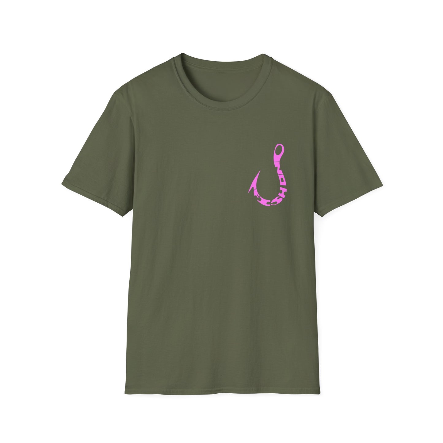 Fishing Hook T‑Shirt — Pink Stylized Hook Graphic Tee