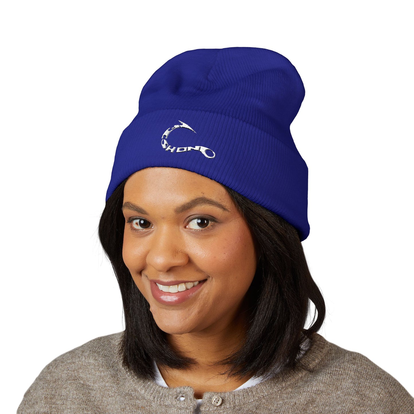 Embroidered Fishing Hook Beanie — Classic Cuffed Knit Hat