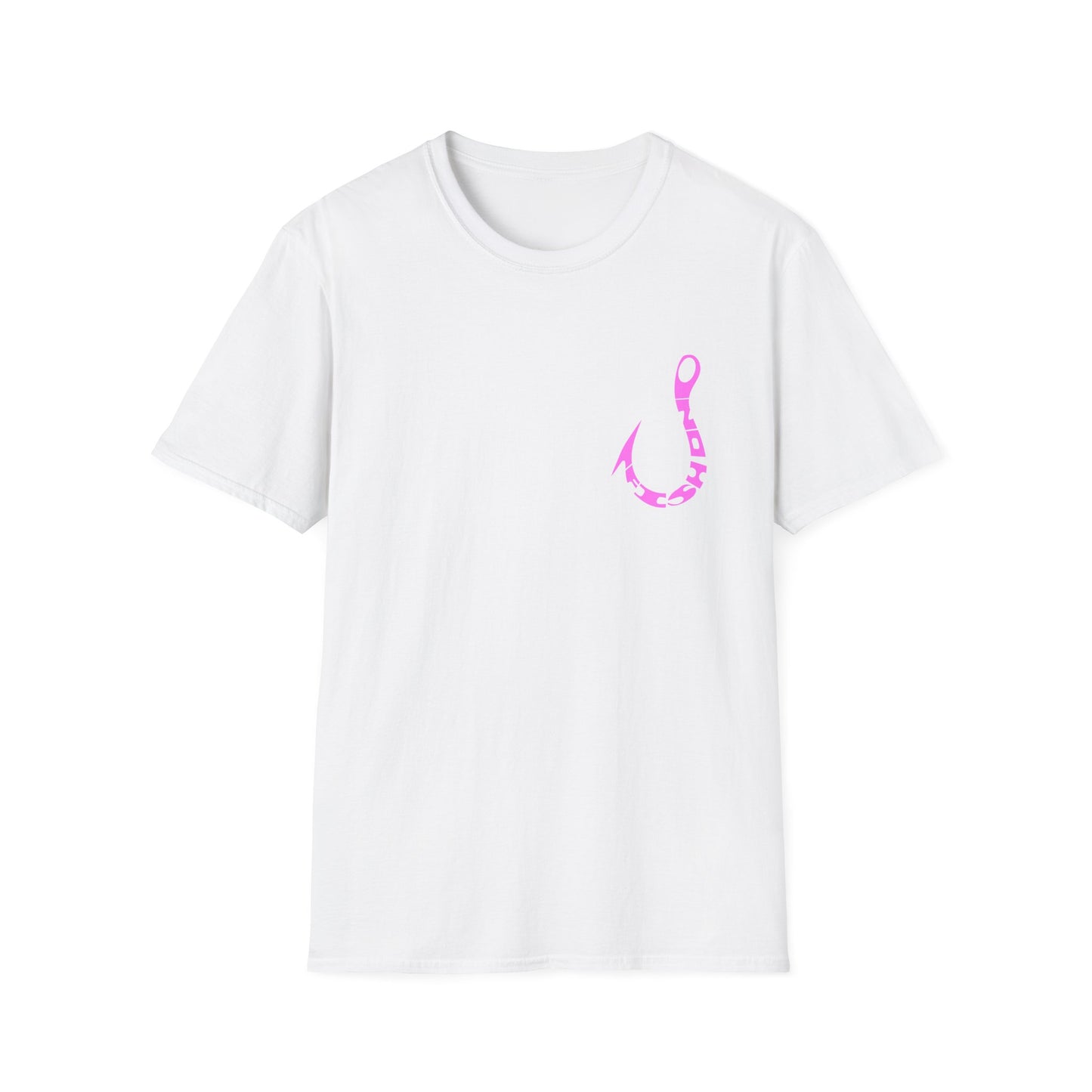 Fishing Hook T‑Shirt — Pink Stylized Hook Graphic Tee