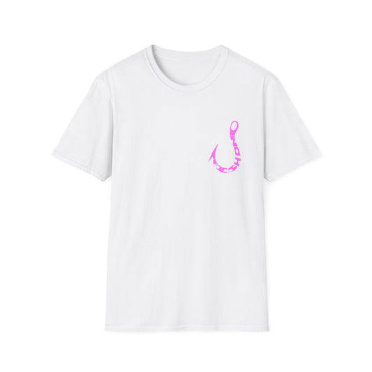 Fishing Hook T‑Shirt — Pink Stylized Hook Graphic Tee