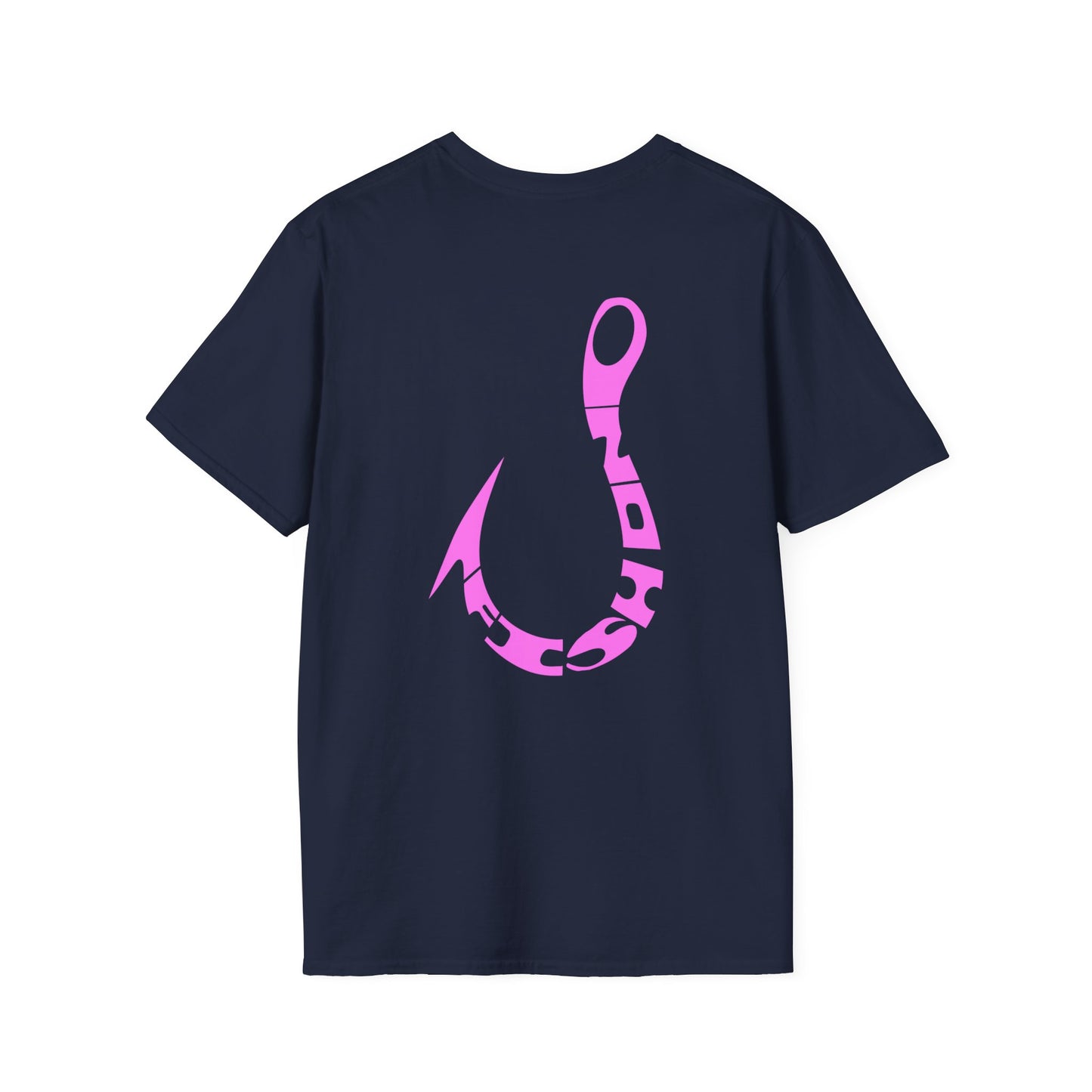 Fishing Hook T‑Shirt — Pink Stylized Hook Graphic Tee