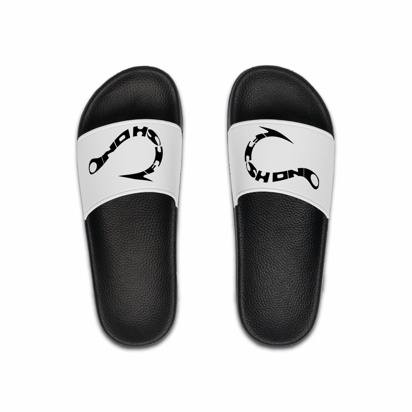 Fishing Hook fish on, Men's Black & White Logo Slide Sandals – Bold Circular Graphic