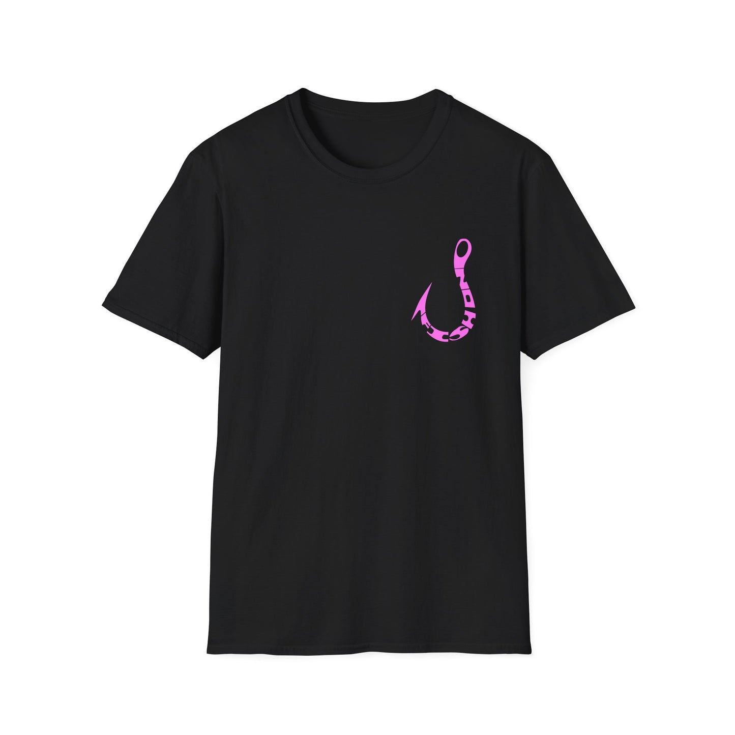 Fishing Hook T‑Shirt — Pink Stylized Hook Graphic Tee