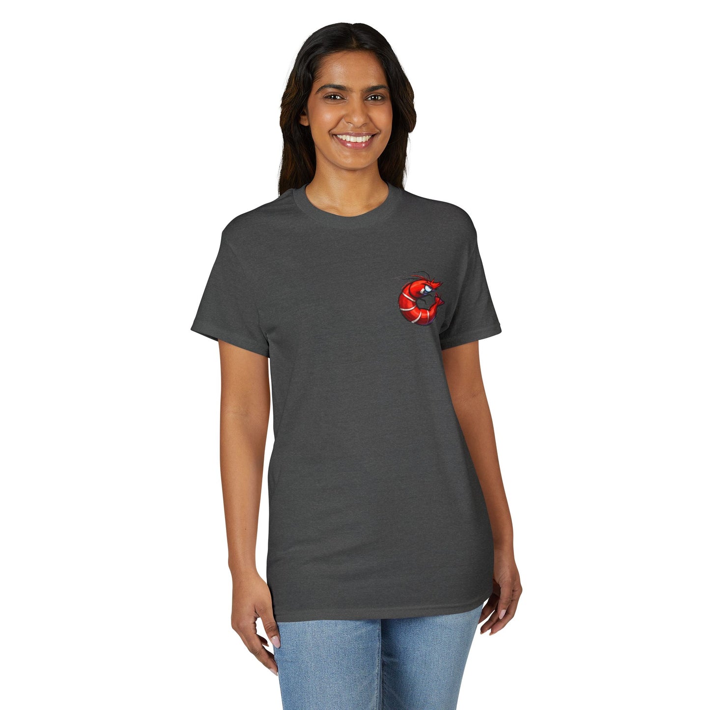 Spicy Shrimp Graphic T-Shirt — Retro Red Prawn Logo Tee