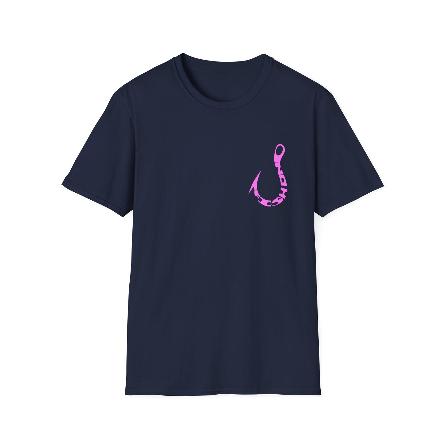 Fishing Hook T‑Shirt — Pink Stylized Hook Graphic Tee