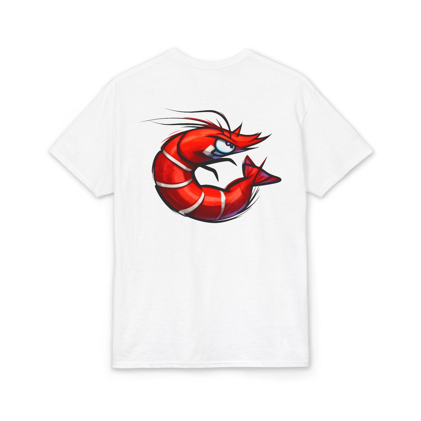 Spicy Shrimp Graphic T-Shirt — Retro Red Prawn Logo Tee