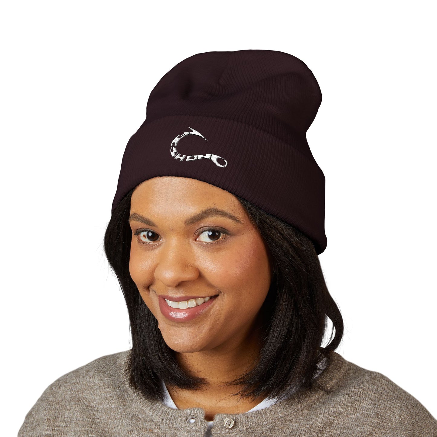 Embroidered Fishing Hook Beanie — Classic Cuffed Knit Hat