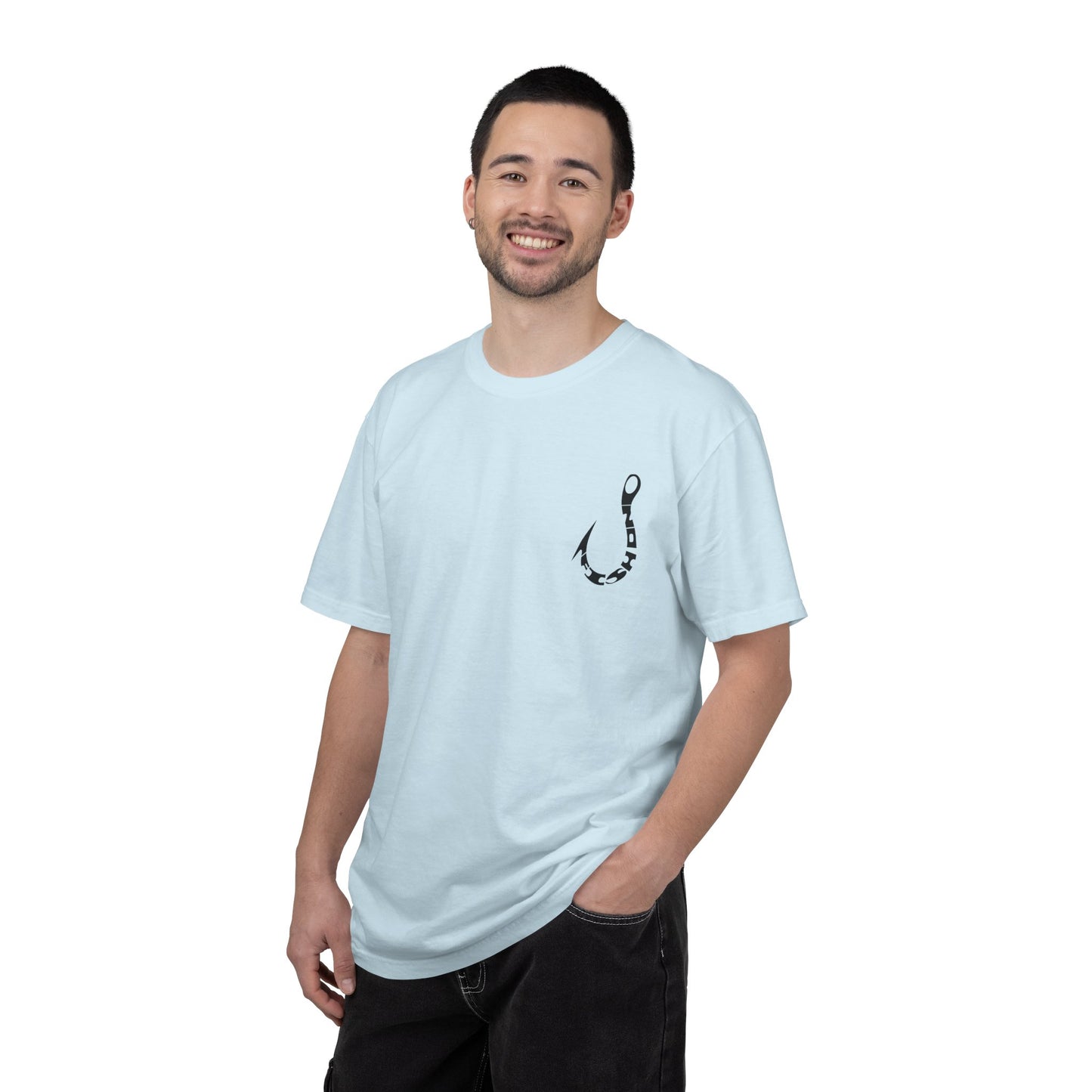 Fishing Hook Graphic T-Shirt — Bold Back Logo & Small Front Pocket Hook