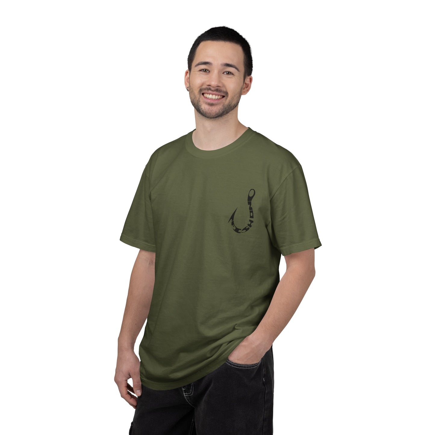 Fishing Hook Graphic T-Shirt — Bold Back Logo & Small Front Pocket Hook