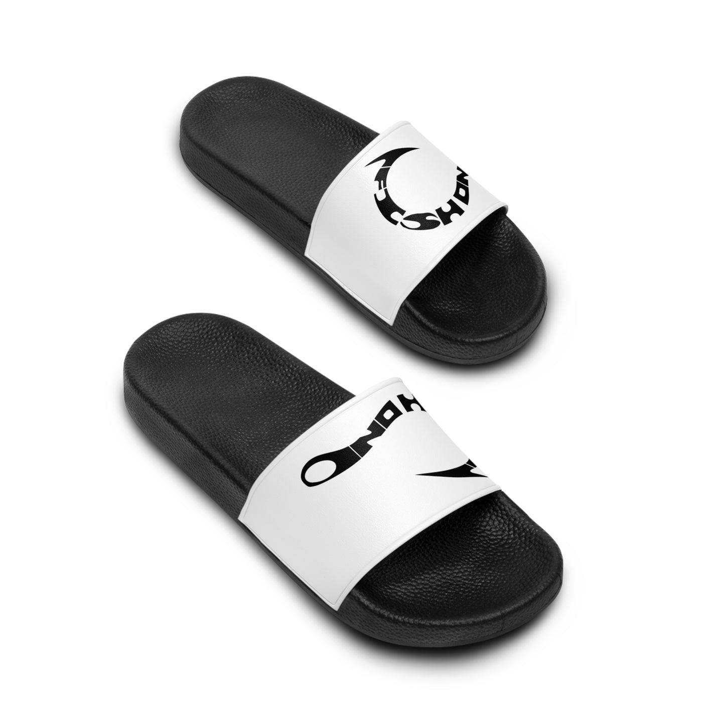 Fishing Hook fish on, Men's Black & White Logo Slide Sandals – Bold Circular Graphic