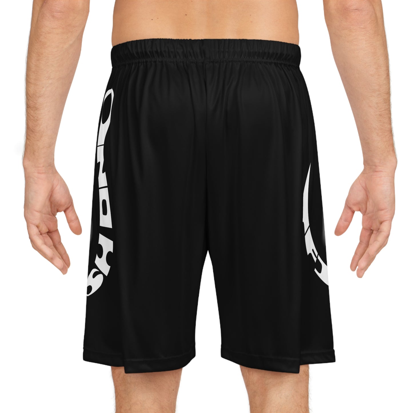 Fishing Hook fish on, Black AOP Basketball Shorts with Bold White Logo — Athletic Streetwear