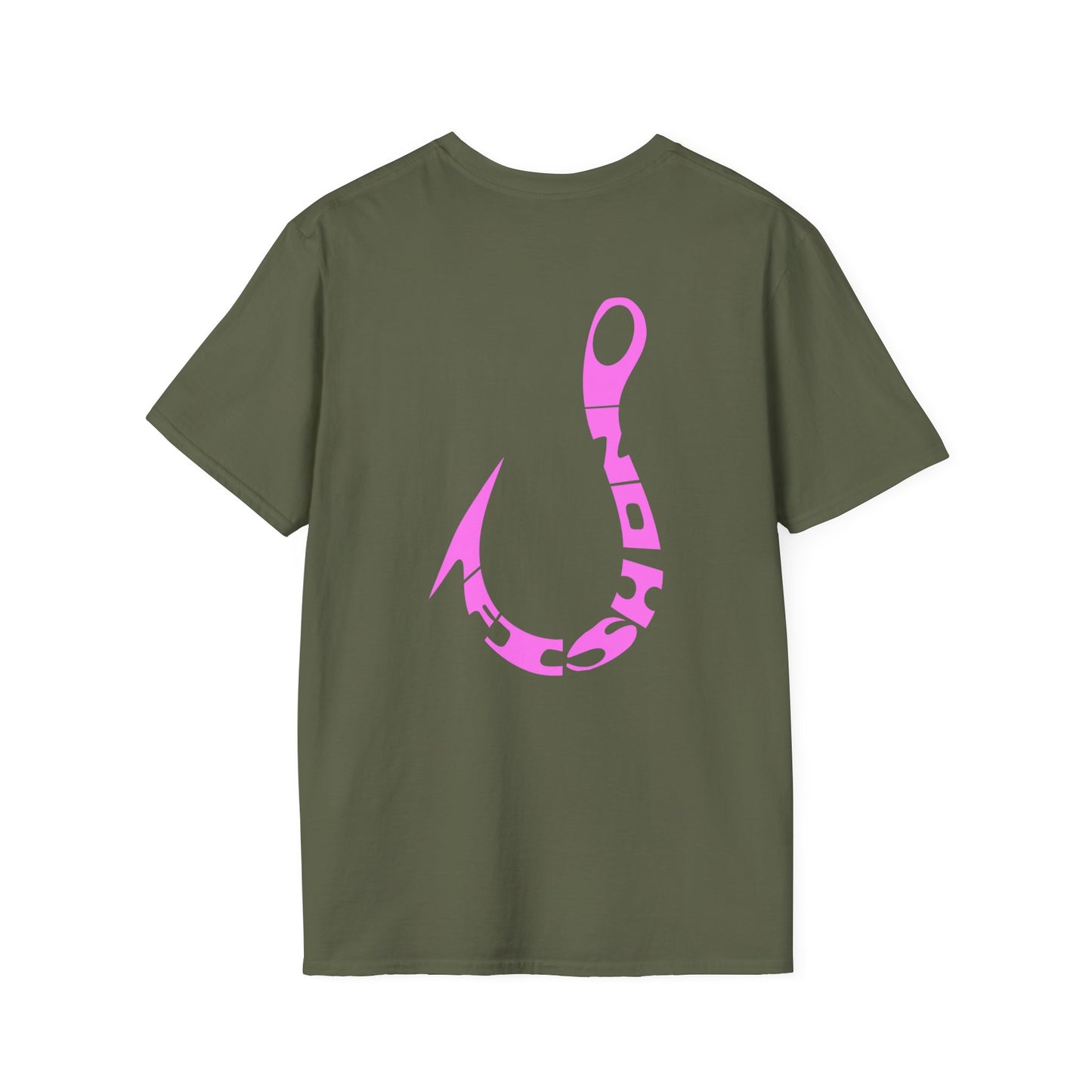 Fishing Hook T‑Shirt — Pink Stylized Hook Graphic Tee