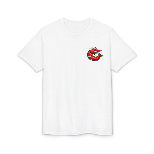 Spicy Shrimp Graphic T-Shirt — Retro Red Prawn Logo Tee