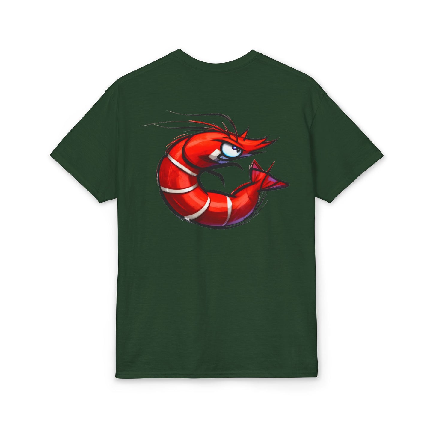 Spicy Shrimp Graphic T-Shirt — Retro Red Prawn Logo Tee