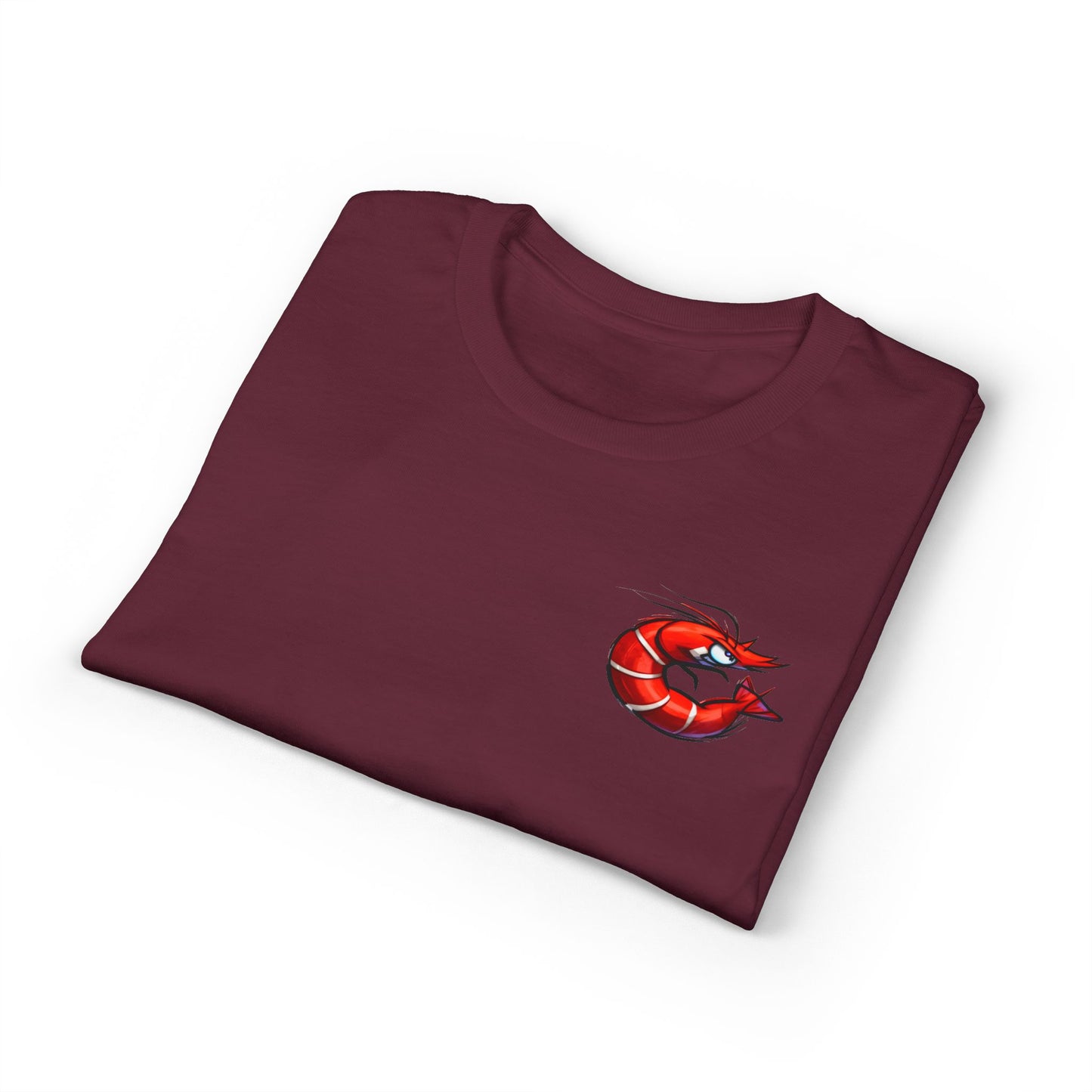 Spicy Shrimp Graphic T-Shirt — Retro Red Prawn Logo Tee