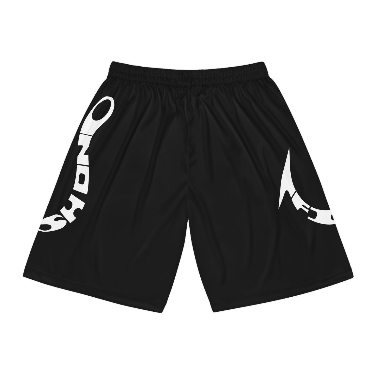 Fishing Hook fish on, Black AOP Basketball Shorts with Bold White Logo — Athletic Streetwear
