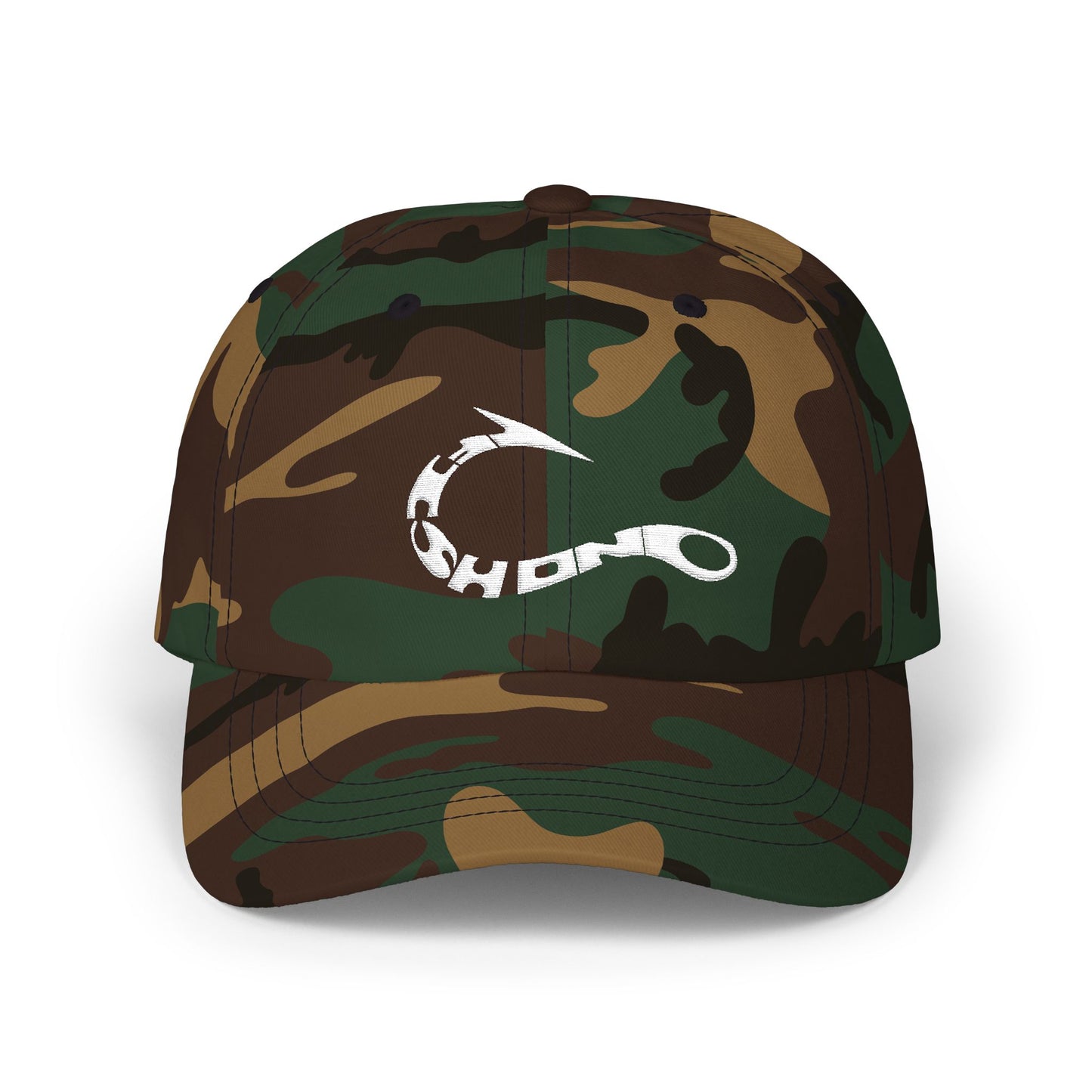 Camo Dad Cap with Distressed Fishing Hook Logo — Classic Outdoor Hat