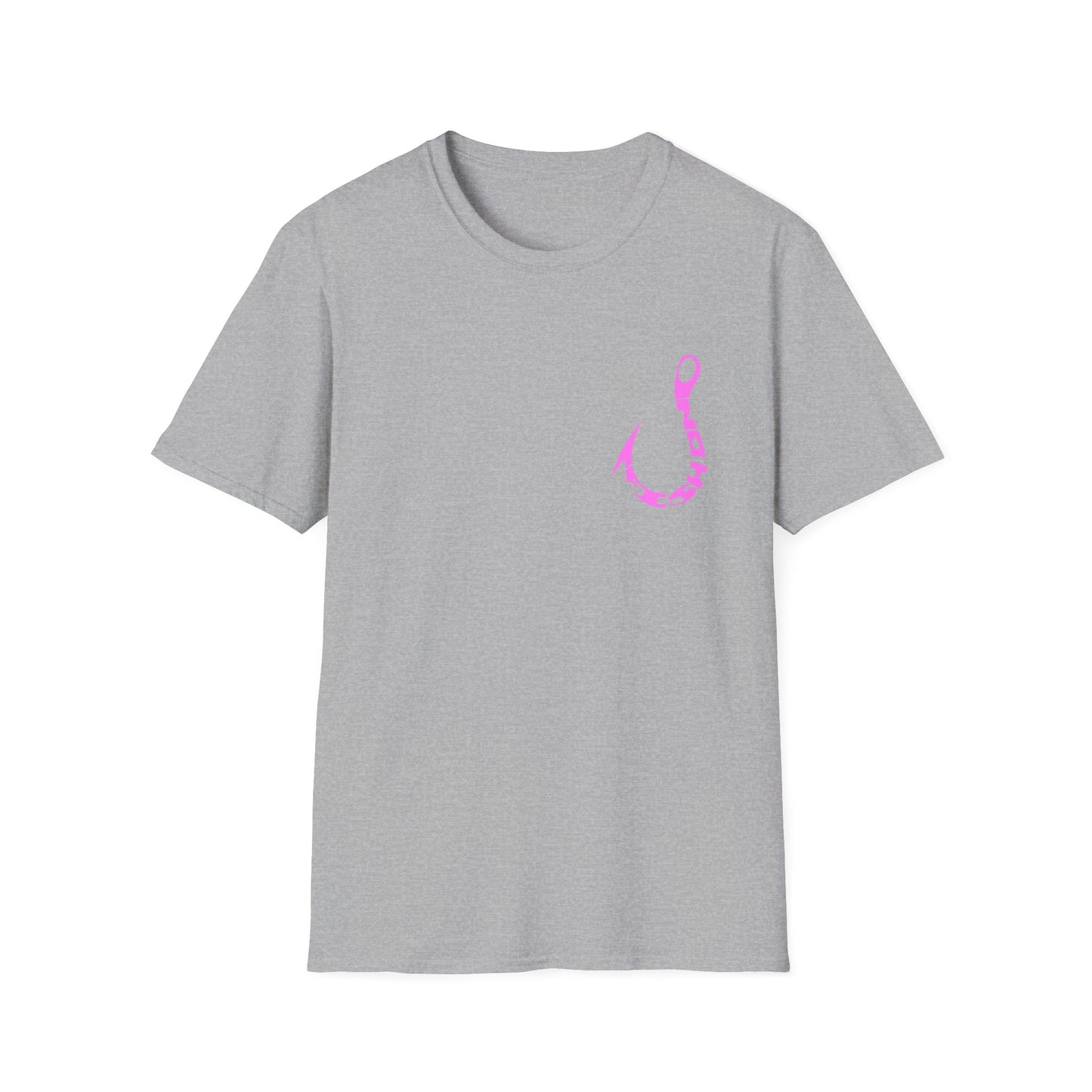 Fishing Hook T‑Shirt — Pink Stylized Hook Graphic Tee
