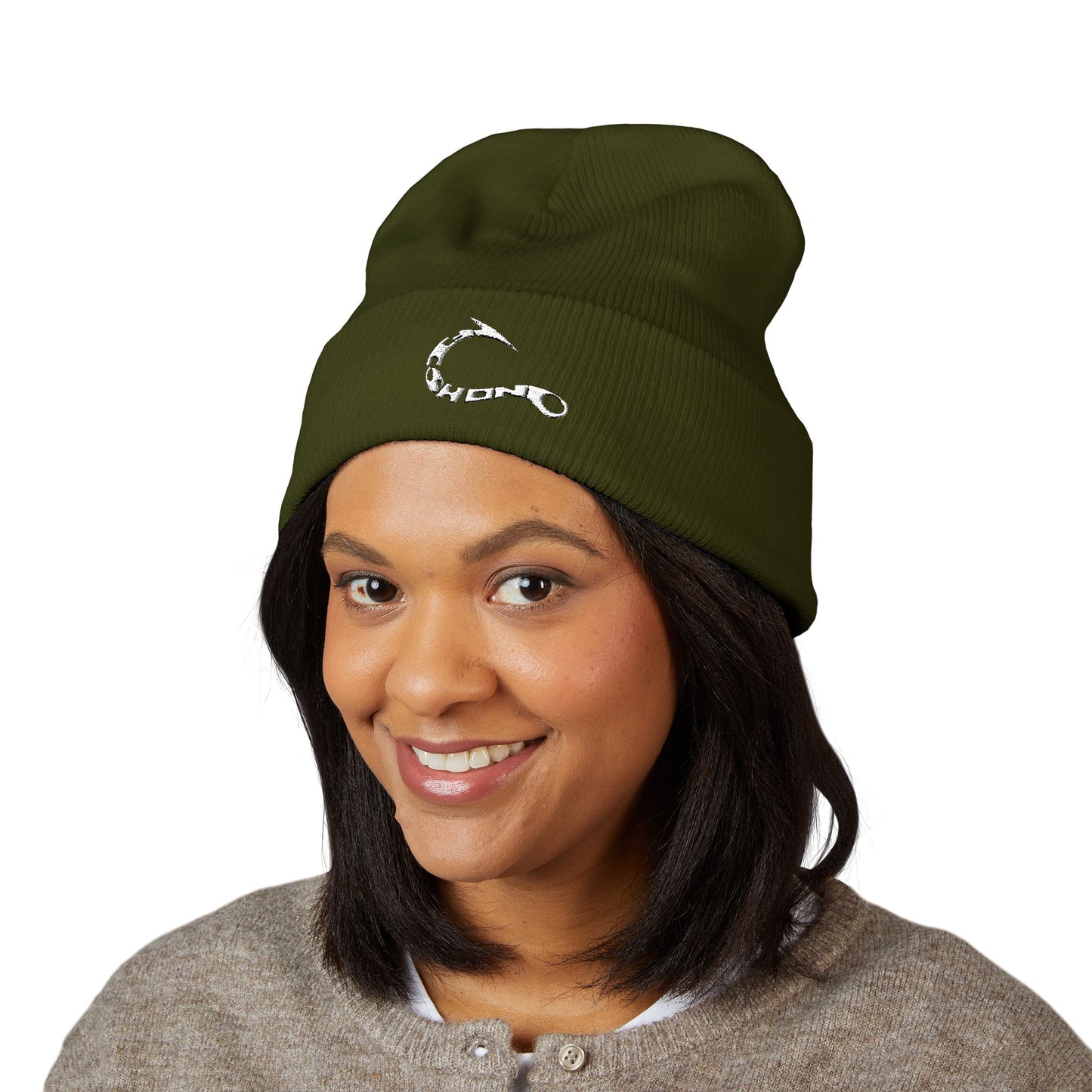Embroidered Fishing Hook Beanie — Classic Cuffed Knit Hat