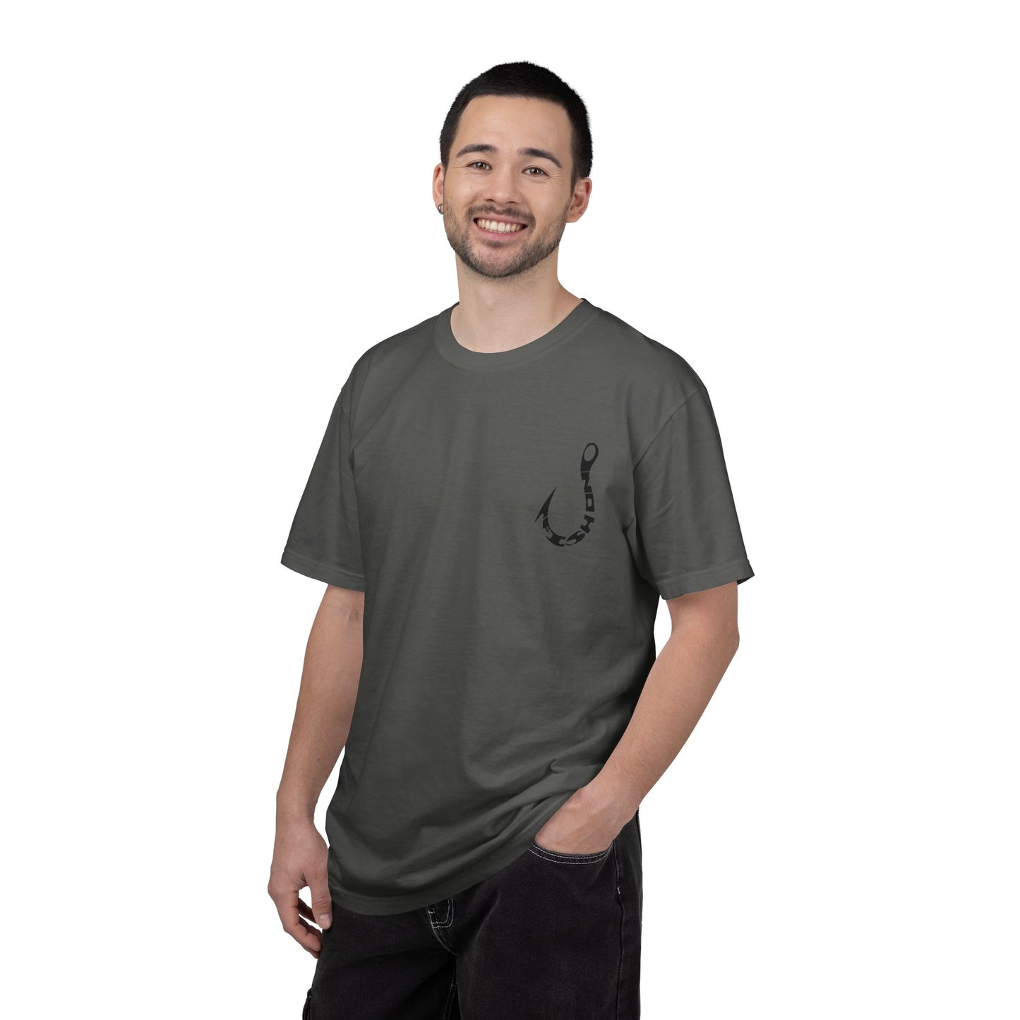Fishing Hook Graphic T-Shirt — Bold Back Logo & Small Front Pocket Hook