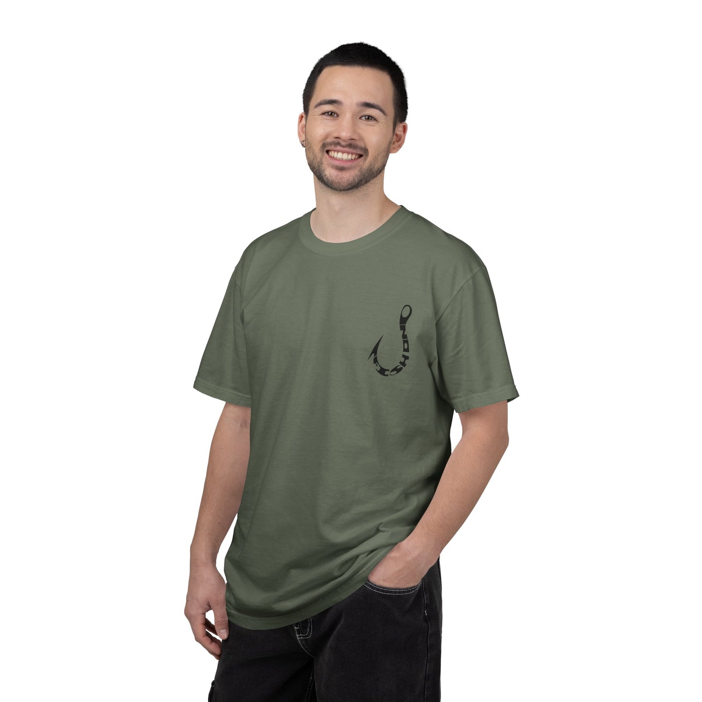 Fishing Hook Graphic T-Shirt — Bold Back Logo & Small Front Pocket Hook