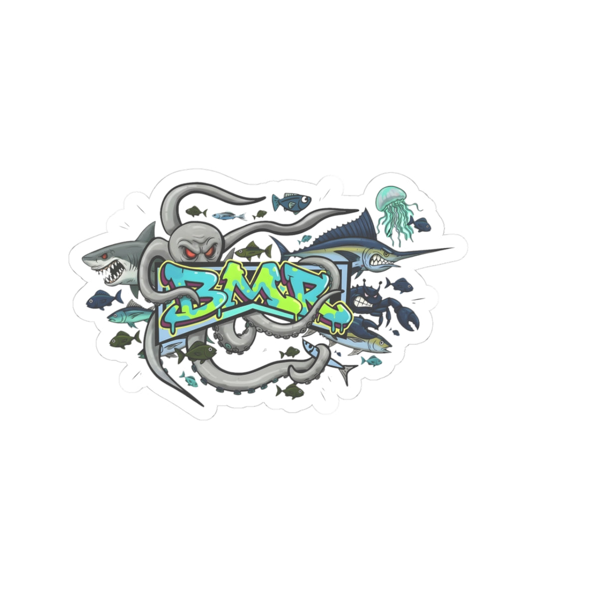 Marine Graffiti Sticker — Ocean Octopus & Shark Kiss-Cut Decal