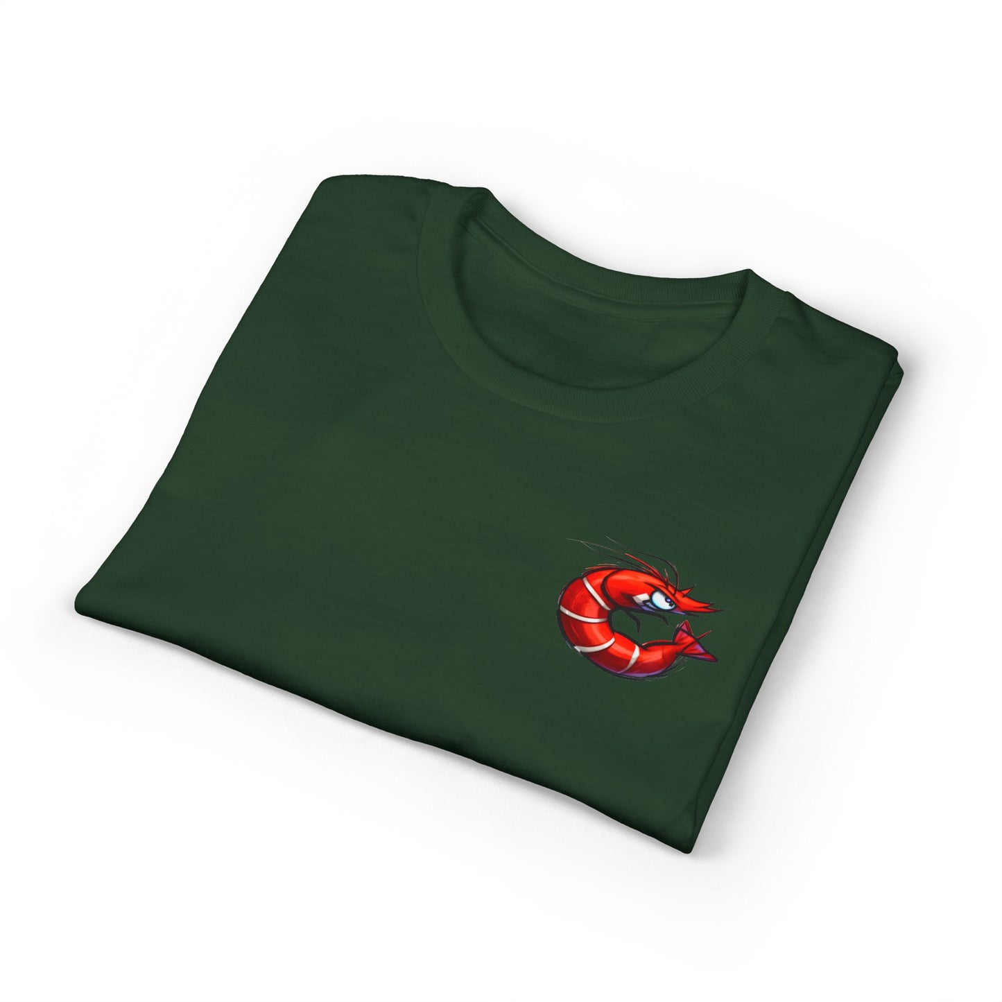 Spicy Shrimp Graphic T-Shirt — Retro Red Prawn Logo Tee