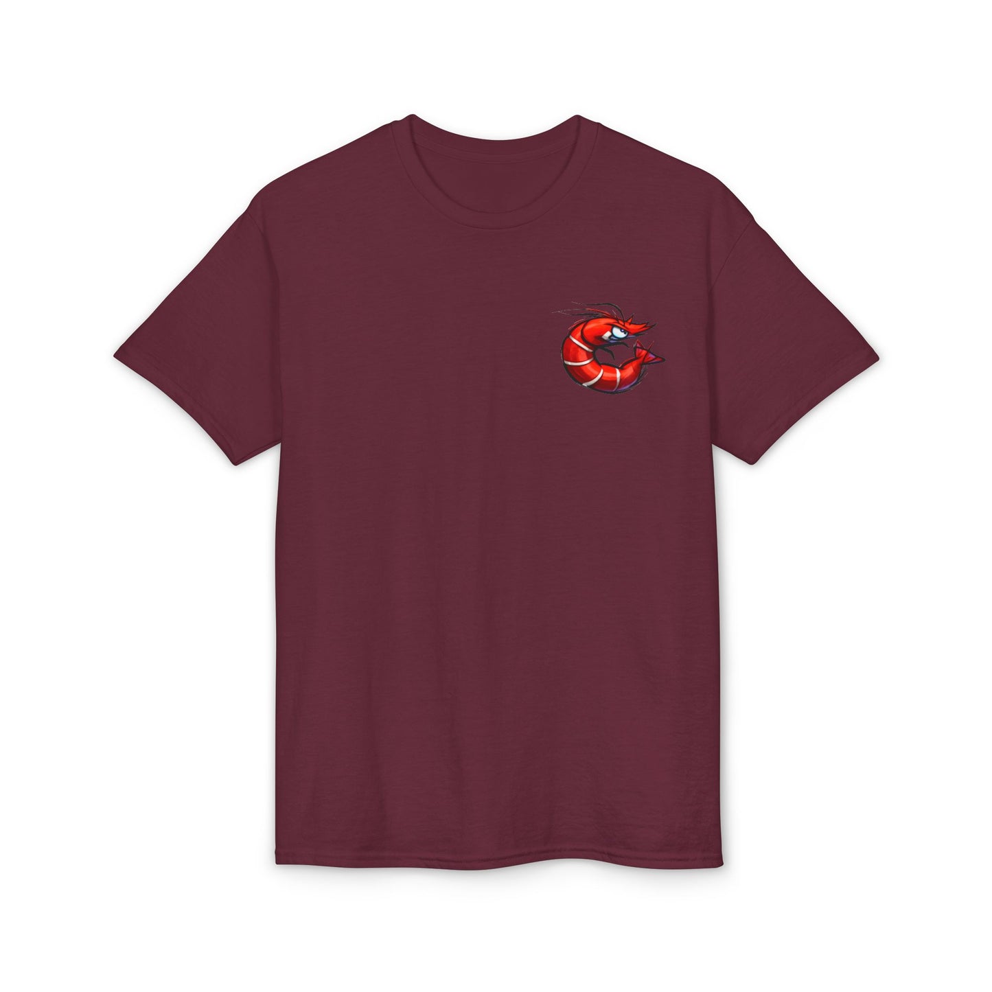 Spicy Shrimp Graphic T-Shirt — Retro Red Prawn Logo Tee